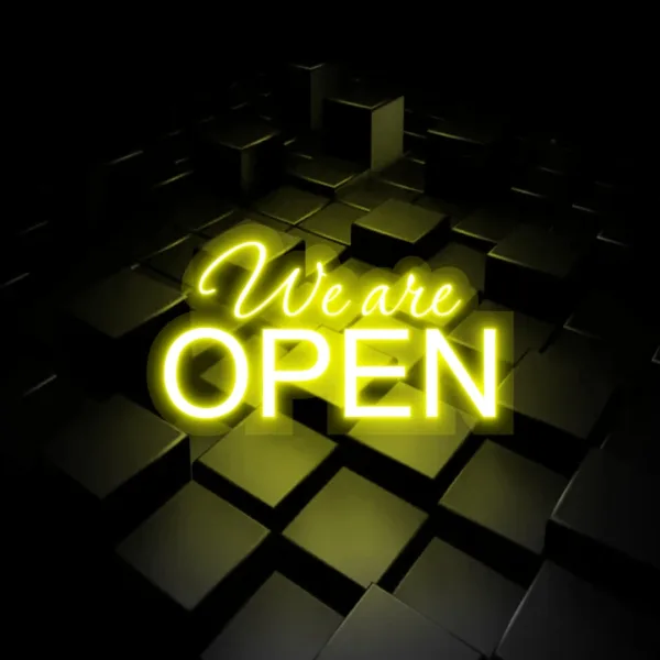 Yellow 'We Are Open' neon signs, featuring a bright and welcoming glow, perfect for attracting attention and signaling that your business is ready to serve customers.