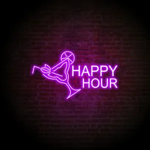 Bright Happy Hour Neon Sign glowing with vibrant colors, setting the perfect mood for any bar or entertainment space.