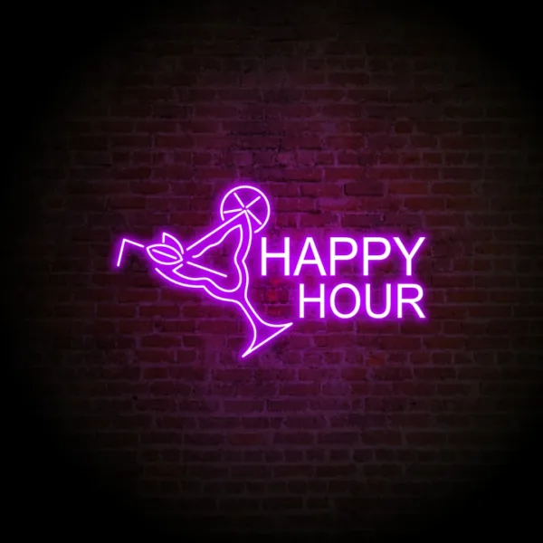 Bright Happy Hour Neon Sign glowing with vibrant colors, setting the perfect mood for any bar or entertainment space.
