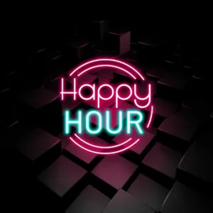 Happy Hour Neon Sign Wall Mural with glowing vibrant lights, creating a striking and energetic focal point in your bar or entertainment area.