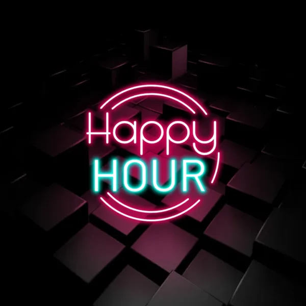 Happy Hour Neon Sign Wall Mural with glowing vibrant lights, creating a striking and energetic focal point in your bar or entertainment area.
