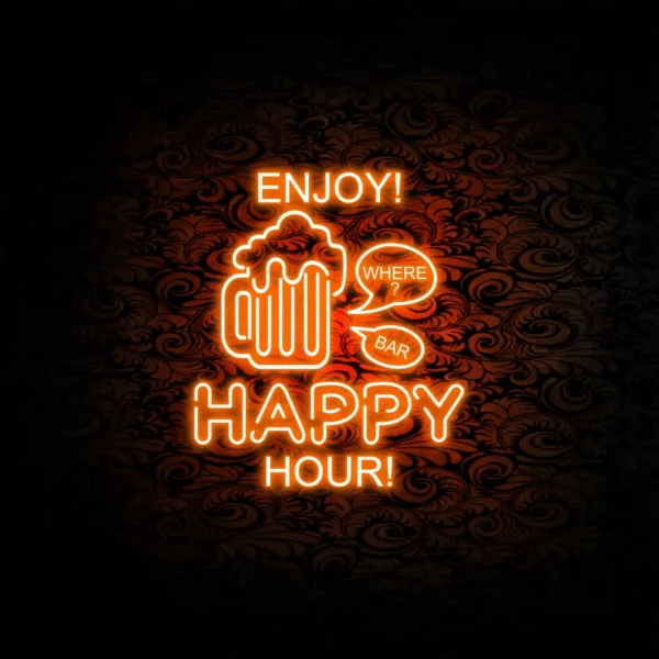Glowing Happy Hour Sign illuminating your space with vibrant energy, perfect for bars, kitchens, or entertainment areas.