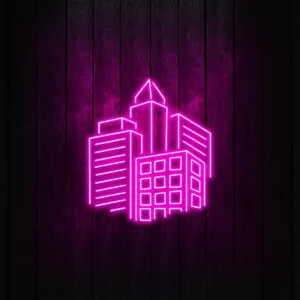 Vibrant neon business logo signs glowing in various colors, eye-catching signage for storefronts, branding, and marketing.