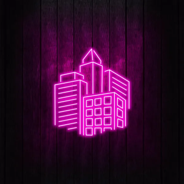 Vibrant neon business logo signs glowing in various colors, eye-catching signage for storefronts, branding, and marketing.