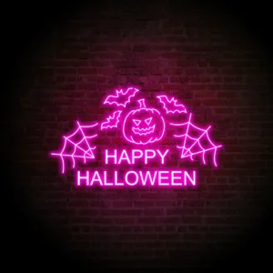 Festive Happy Halloween sign glowing with spooky lights, perfect for adding a cheerful and eerie touch to Halloween decorations.