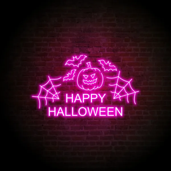 Festive Happy Halloween sign glowing with spooky lights, perfect for adding a cheerful and eerie touch to Halloween decorations.