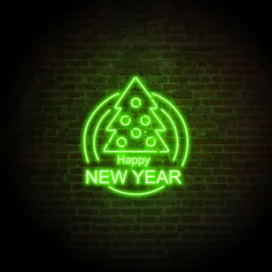 Festive Happy New Year signs glowing brightly, creating an energetic and joyful atmosphere for ringing in the New Year.