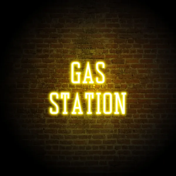 Vintage Gas Station Signs with vibrant LED lights, perfect for retro-inspired decor and nostalgic ambiance.
